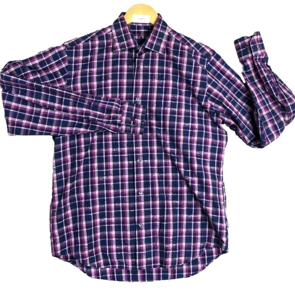 Bugatchi Uomo Shirt Mens Large Purple Blue Plaid Floral 100% Cotton Classic Fit